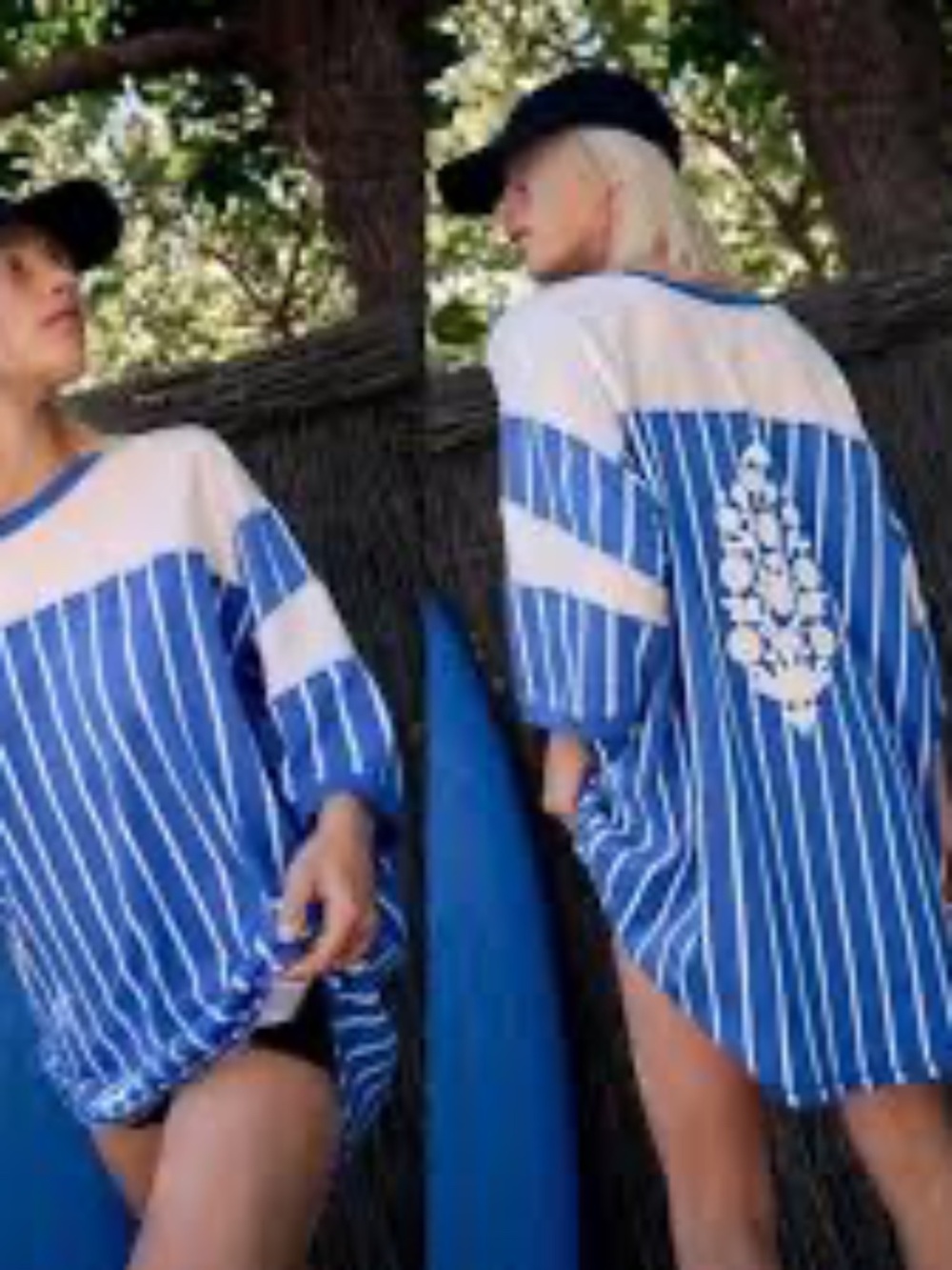FREE PEOPLE Stanley Cambridge Jersey Tee - Size XS - Blue and White Stripe Logo - Picture 4 of 7
